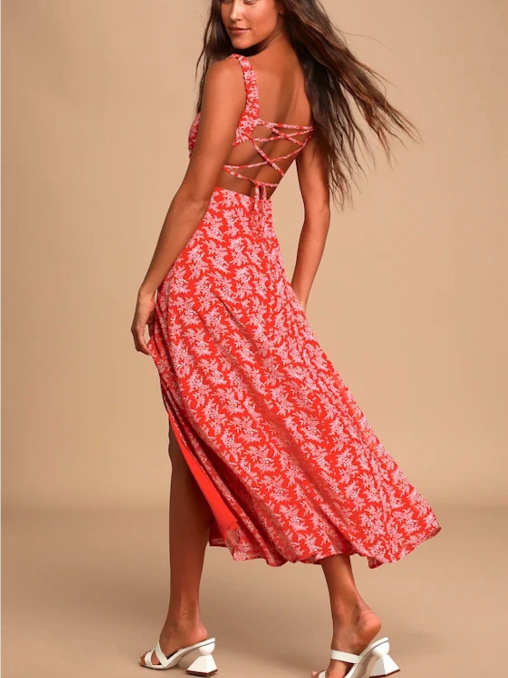 Lulus Back to Backless Red Floral Print Lace-Up Backless Midi Dress XS